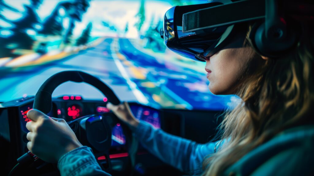 A woman immersed in a virtual reality experience drives a car simulation while wearing a VR headset