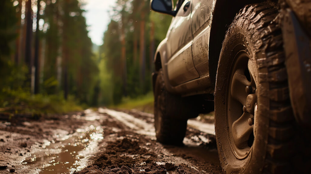 Off road wheels, car driving off road in the forest, close up on mud wheels