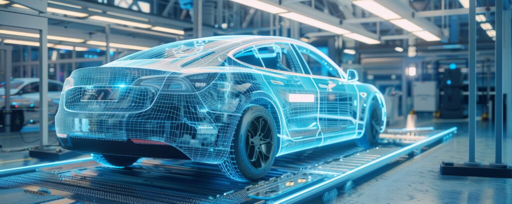 High tech automotive factory producing a futuristic car with blue holographic design on the assembly line. Innovation and engineering illustration.