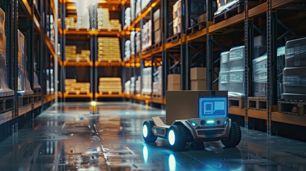 A robot on wheels is transporting a box in a storage warehouse.